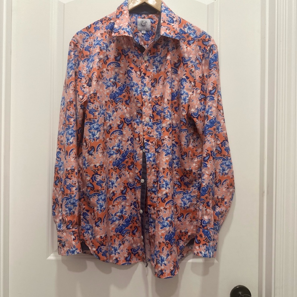 Floral Patterned Large Men's Shirt - Orange and Blue